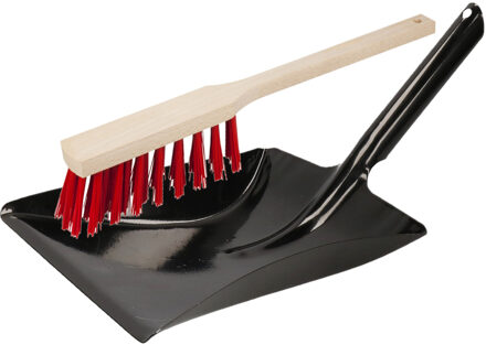 Stoffer en blik zwart/rood van metaal/hout voor buiten - Stoffer en blik