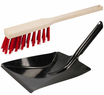 Stoffer en blik zwart/rood - van zwart metaal - voor buiten - Harde borstel / handveger van hout