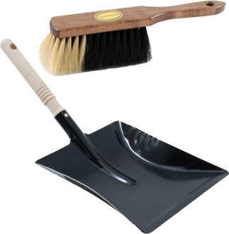 stoffer met houten handvat - zacht paardenhaar - zwart metalen blik - houten handvat - Stoffer en blik Bruin