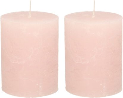 Stompkaars - 2x - lichtroze - 7 x 9 cm - middel rustiek model - cilinderkaars - kaars