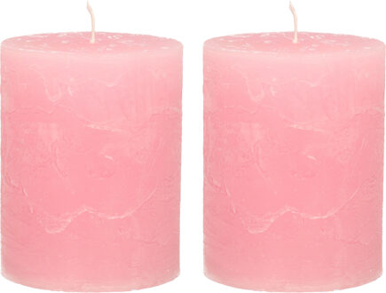 Stompkaars - 2x - roze - 7 x 9 cm - middel rustiek model - cilinderkaars - kaars
