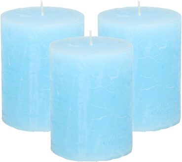 Stompkaars - 3x - licht blauw - 7 x 9 cm - middel rustiek model - cilinderkaars - kaars