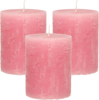 Stompkaars - 3x - oudroze - 7 x 9 cm - middel rustiek model - roze - cilinderkaars - kaars