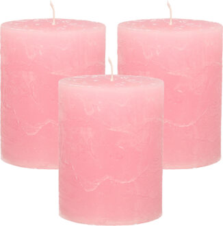 Stompkaars - 3x - roze - 7 x 9 cm - middel rustiek model - cilinderkaars - kaars