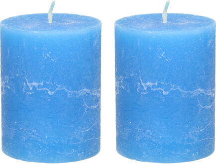 Stompkaars/cilinderkaars - 2x - helder blauw - 7 x 9 cm - middel rustiek model