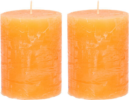 Stompkaars/cilinderkaars - 2x - oranje - 7 x 9 cm - middel rustiek model