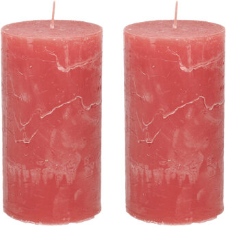 Stompkaars/cilinderkaars - 2x - rood - 7 x 13 cm - rustiek model