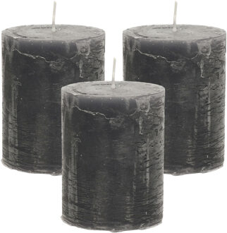 Stompkaars/cilinderkaars - 3x - antraciet - 7 x 9 cm - middel rustiek model