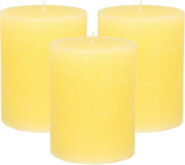Stompkaars/cilinderkaars - 3x - geel - 7 x 9 cm - middel rustiek model