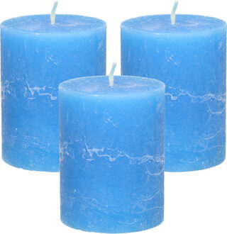 Stompkaars/cilinderkaars - 3x - helder blauw - 7 x 9 cm - middel rustiek model