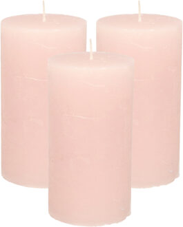 Stompkaars/cilinderkaars - 3x - licht roze - 7 x 13 cm - rustiek model