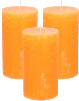 Stompkaars/cilinderkaars - 3x - oranje - 7 x 13 cm - rustiek model