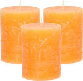 Stompkaars/cilinderkaars - 3x - oranje - 7 x 9 cm - middel rustiek model