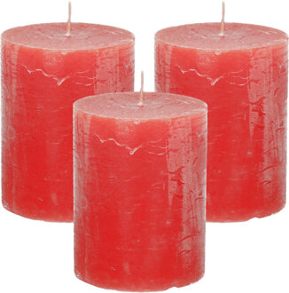 Stompkaars/cilinderkaars - 3x - rood - 7 x 9 cm - middel rustiek model