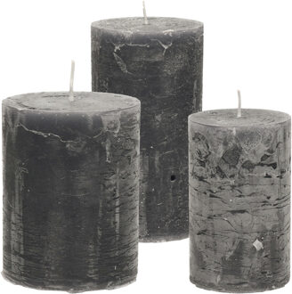 Stompkaarsen/cilinderkaarsen set - 3x - antraciet - rustiek model