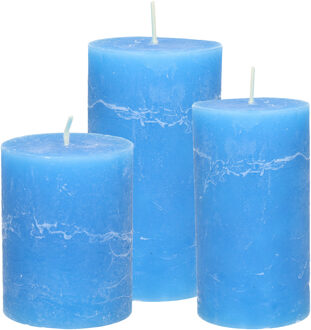 Stompkaarsen/cilinderkaarsen set - 3x - blauw - rustiek model
