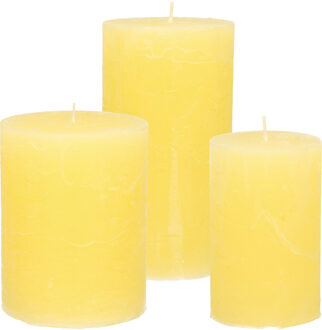 Stompkaarsen/cilinderkaarsen set - 3x - geel - rustiek model