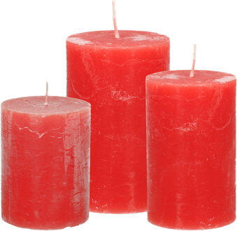 Stompkaarsen/cilinderkaarsen set - 3x - rood - rustiek model