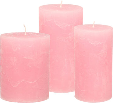 Stompkaarsen/cilinderkaarsen set - 3x - roze - rustiek model