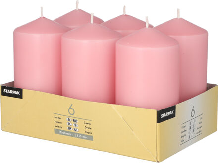 Stompkaarsen/zuilkaarsen set van 6x - lichtroze - D6 x H12 cm - 24 branduren