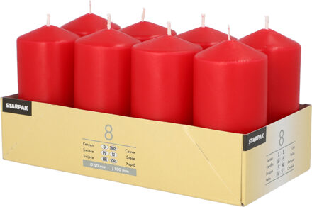 Stompkaarsen/zuilkaarsen set van 8x - kersenrood - D5 x H10 cm - 16 branduren