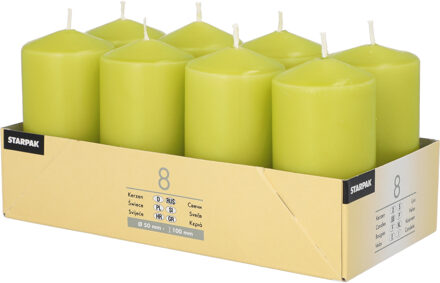 Stompkaarsen/zuilkaarsen set van 8x - lime groen - D5 x H10 cm - 16 branduren