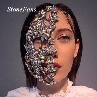 Stonefans Fashion Halloween Half Face Mask Rhinestone Jewelry for Women Bling Silver Color Leaf Facemask Crystal Dance Jewelry