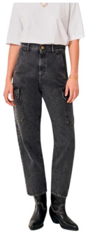 Stonewashed Cargo Jeans met Hoge Taille Sessun , Black , Dames - L,M,S,Xs