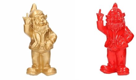 Stoobz Design 2x Tuinkabouters goud/rood middelvinger 30 cm