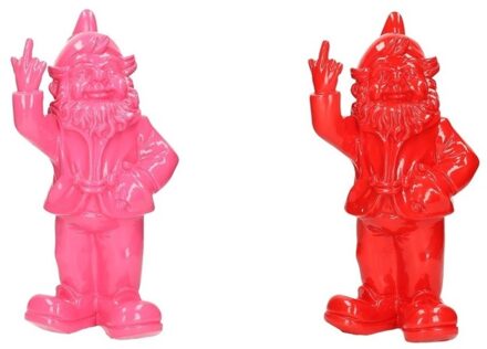 Stoobz Design 2x Tuinkabouters roze/rood middelvinger 30 cm