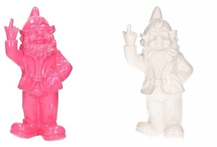 Stoobz Design 2x Tuinkabouters roze/wit middelvinger 30 cm