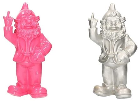 Stoobz Design 2x Tuinkabouters roze/zilver middelvinger 30 cm