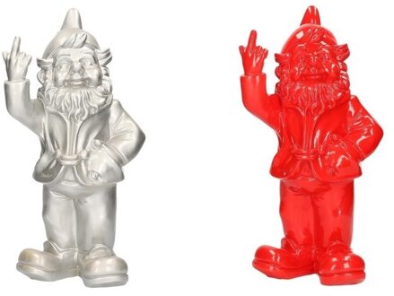 Stoobz Design 2x Tuinkabouters zilver/rood middelvinger 30 cm