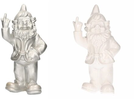 Stoobz Design Tuinkabouters - 2x - zilver/wit - 30 cm - middelvinger