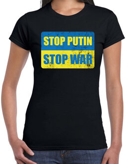Stop putin stop war t-shirt zwart dames - Oekraine shirt met Oekraiense vlag L