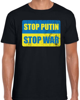 Stop putin stop war t-shirt zwart heren - Oekraine shirt met Oekraiense vlag L
