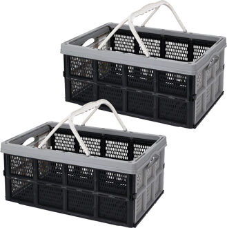 Storage Solutions Boodschappenkrat met handgrepen - 3x - 32 liter - zwart/grijs - inklapbaar - kunststof
