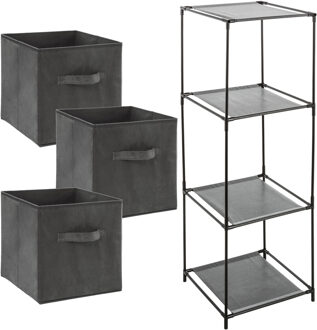 Storage Solutions Kastmandjes/opberg mandjes - donkergrijs velours - 3x stuks van 29 Liter - In rekje van 34 x 98 cm - Opbergmanden