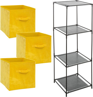 Storage Solutions Kastmandjes/opberg mandjes - geel velours - 3x stuks van 29 Liter - In rekje van 34 x 98 cm