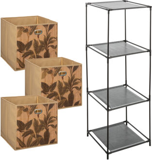 Storage Solutions Kastmandjes/opberg mandjes - naturel/print - 3x stuks van 29 Liter - In rekje van 34 x 98 cm