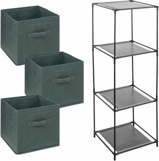 Storage Solutions Kastmandjes/opberg mandjes - olijfgroen - 3x stuks van 29 Liter - In rekje van 34 x 98 cm - Opbergmanden