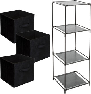 Storage Solutions Kastmandjes/opberg mandjes - zwart velours - 3x stuks van 29 Liter - In rekje van 34 x 98 cm - Opbergmanden