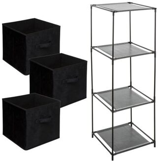 Storage Solutions Kastmandjes/opberg mandjes - zwart velours - 3x stuks van 29 Liter - In rekje van 34 x 98 cm - Opbergmanden