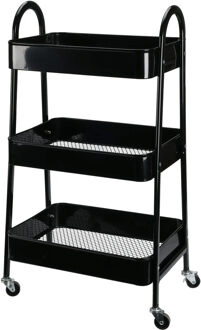 Storage Solutions Keukentrolley/plateau kast - zwart - metaal - 79 x 44 x 32 cm - 3 niveaus - draadmanden