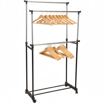 Storage Solutions Kledingrek incl 8x kledinghangers - op wieltjes - dubbele stang - verstelbaar - 160 cm - metaal