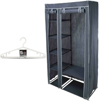 Storage Solutions Mobiele kledingkast/garderobekast incl 10x hangers - opvouwbaar - grijs - 174 cm - Campingkledingkasten