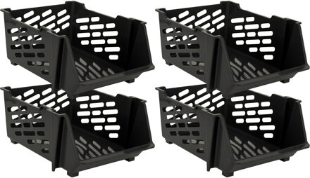 Storage Solutions Stapelbare opbergmand - 4x - Zwart - 29 liter - kunststof - 44 x 34 x 20 cm