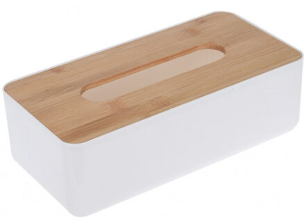 Storage Solutions Tissuedoos/tissuebox rechthoekig van kunststof met bovenkant van bamboe hout 26 x 13 cm wit - Tissuehouders