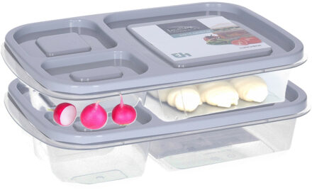 Storage Solutions Vershoudbakje/lunchbox - 2x - luchtdicht - 3 vakjes - lichtgrijs - kunststof - broodtrommel -24 x 15
