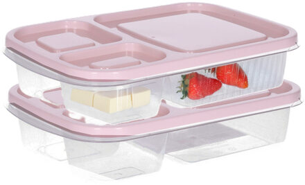 Storage Solutions Vershoudbakje/lunchbox - 2x - luchtdicht - 3 vakjes - lichtroze - kunststof - broodtrommel -24 x 15